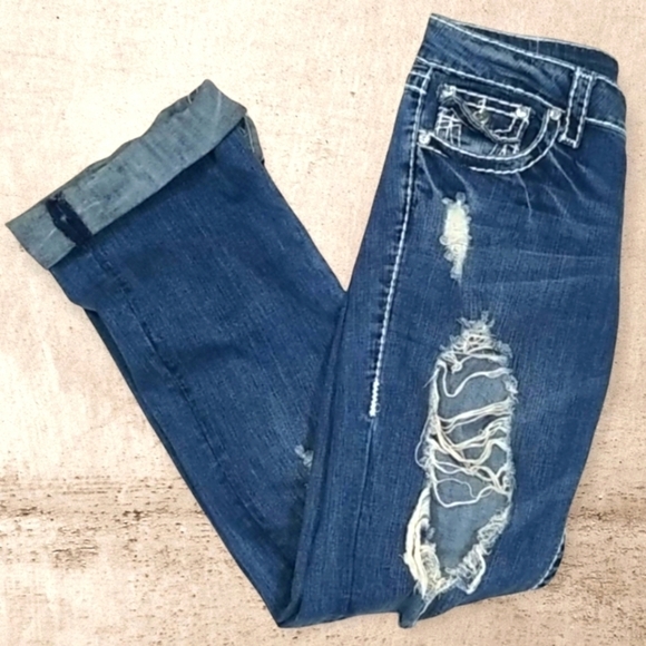 LA Idol USA Embellished Boot Cut Distressed Jeans - Picture 2 of 9